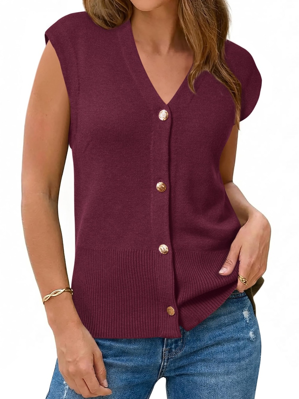 Arach & Cloz Wool Blend V-Neck Button-Down Knit Top